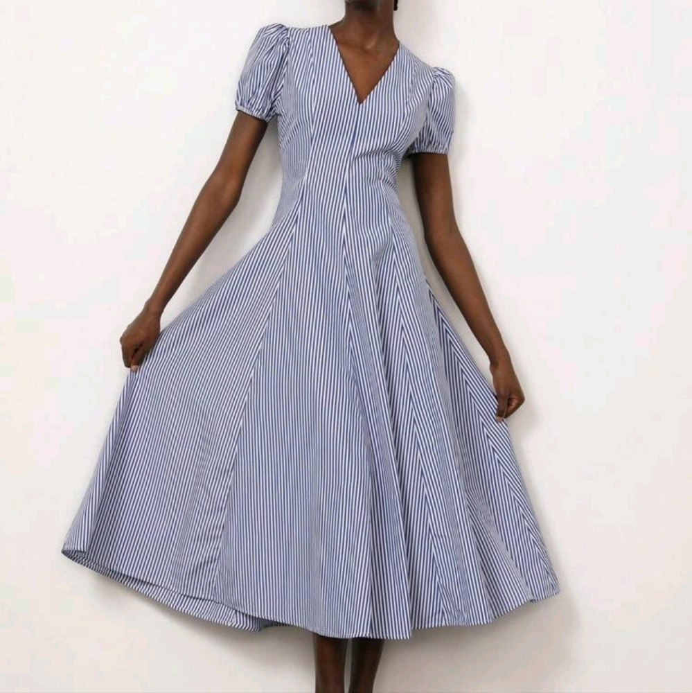 Elegant Commuter Minimalist High-End Design Stripe Blue A-Line Deep V-NECK Puff - Picture 2 of 4
